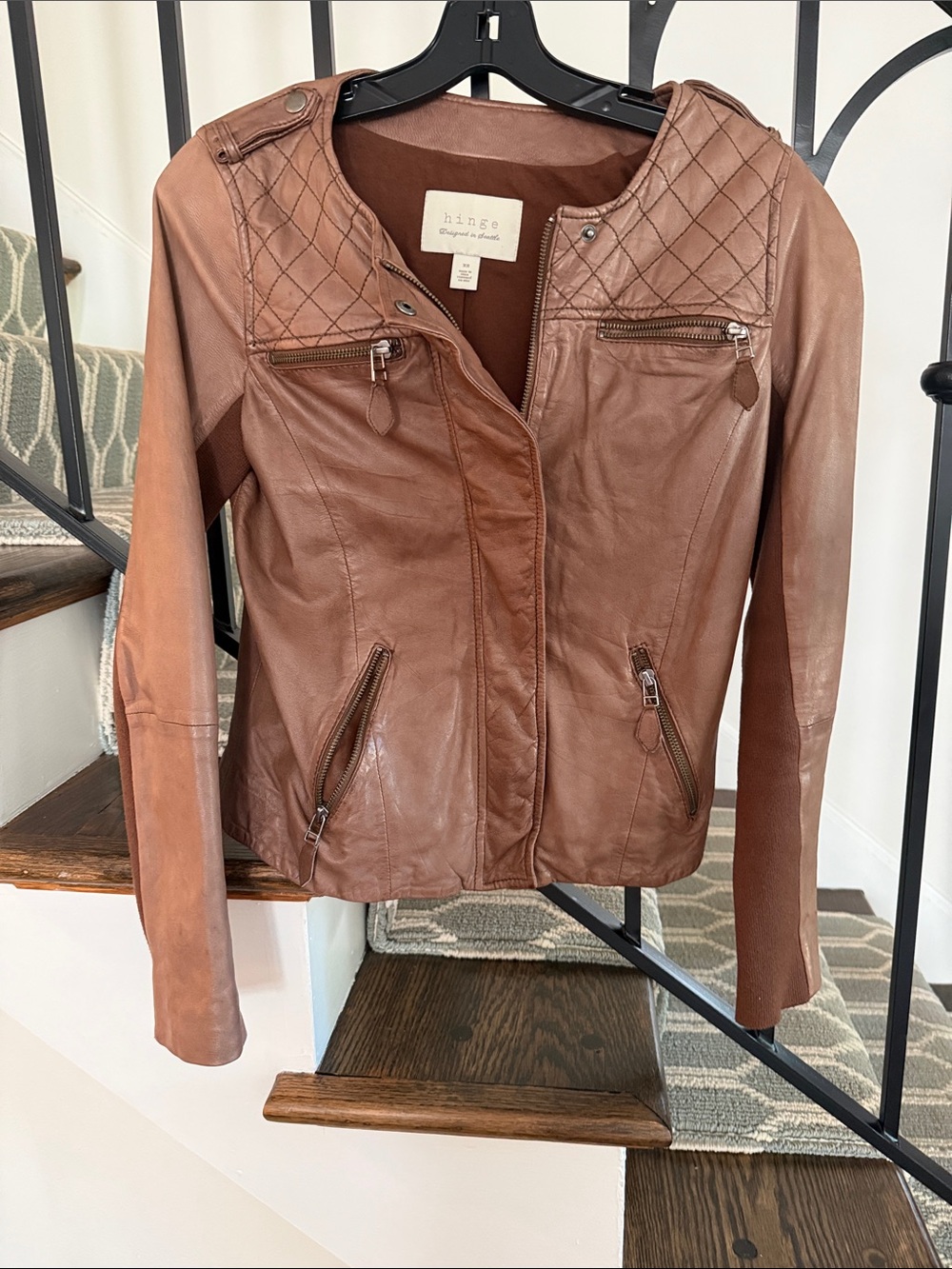 hinge Cognac Leather Moto Jacket with quilted details
